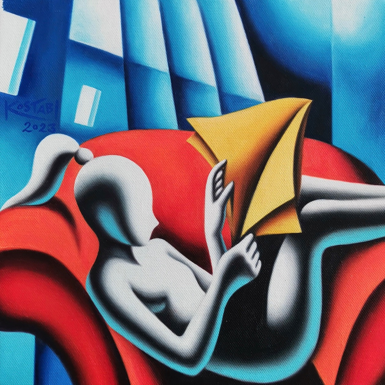 Mark Kostabi - Olio su tela 32x32 cm 2023