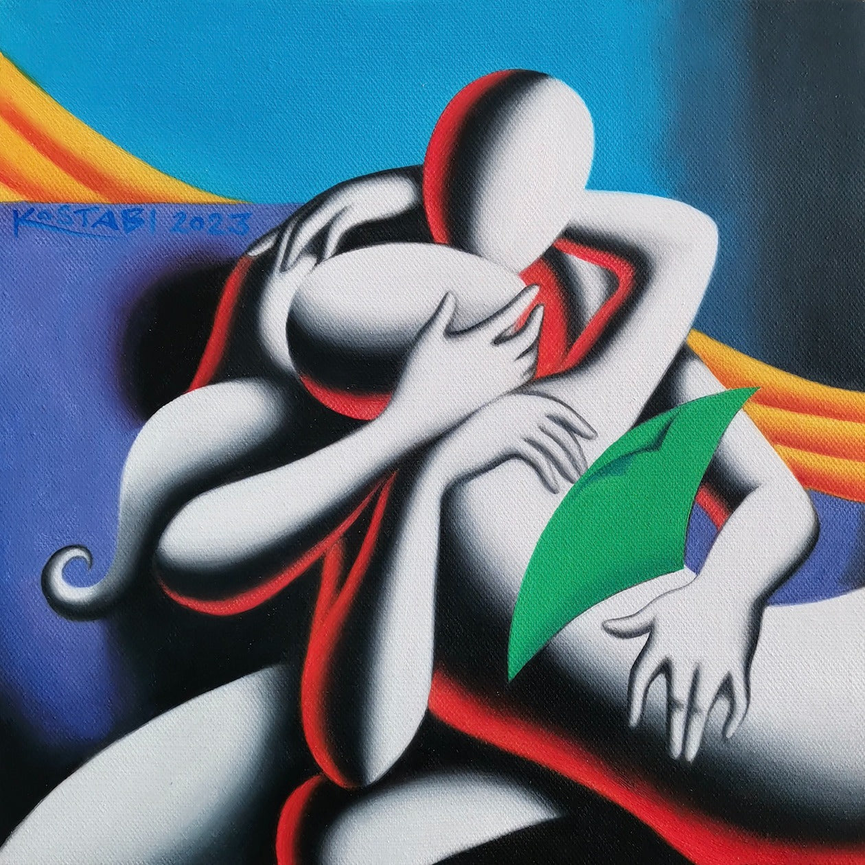 Mark Kostabi - Olio su tela 32x32 cm 2023