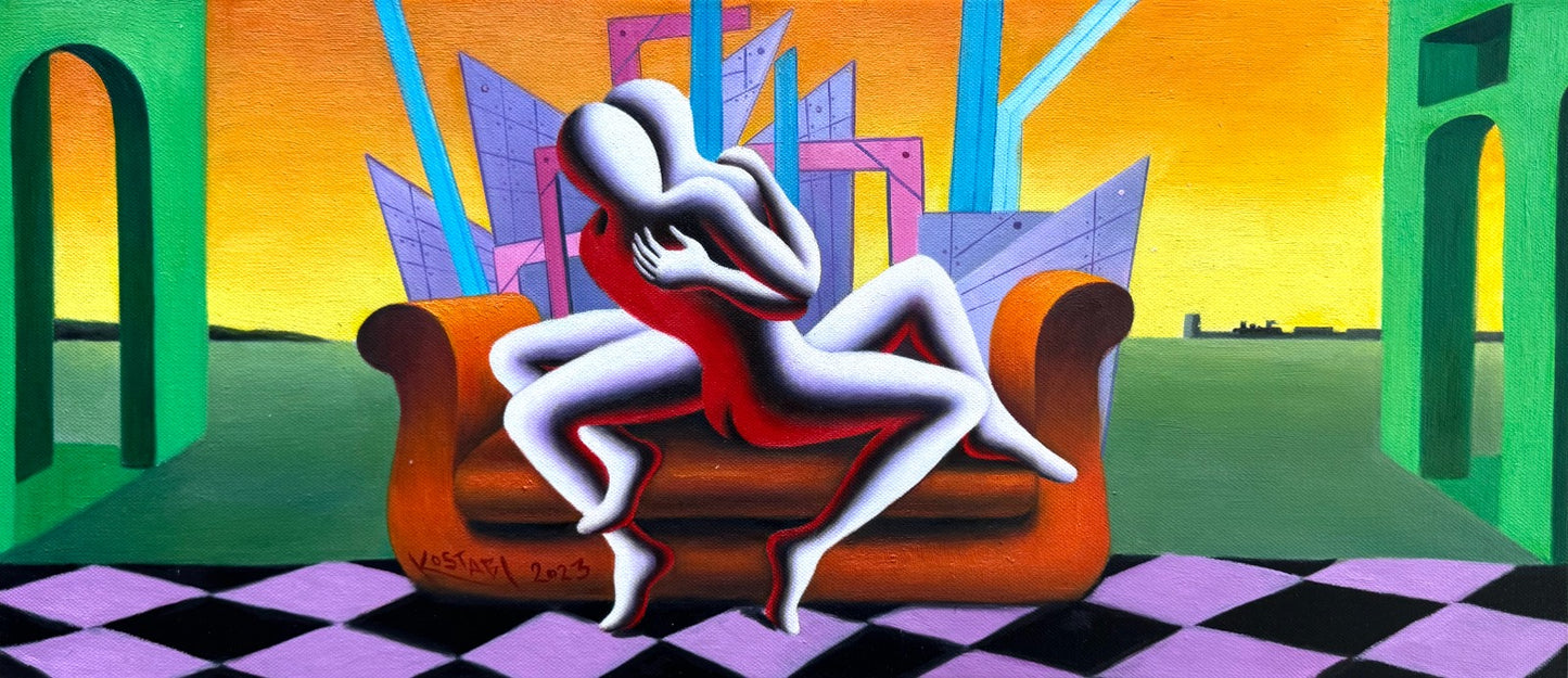 Mark Kostabi - Olio su tela 35x80 cm 2025